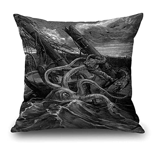 Solekla Ocean Octopus and Ship Pattern Throw Pillow Case 18 x 18 Inch Decorative Cotton Linen Cushion Cover for Sofa Couch Bed - color: Sl198