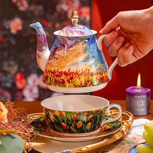 KAMMAK Tea for One Set, Ceramic Teapot, Bone China Tea Set, Cup and Saucer - color: Colorful-XY7