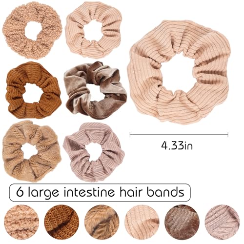 Scrunchies for Women's Hair 6Pcs Large Brown Knit Fuzzy Scrunchies for Long Thick Curly Hair Ultra Textured Soft Hair Bands Neutral Scrunchie Cute Ponytail Holders No Damage Elastic Hair Ties - color: Brown(A) 6PCS