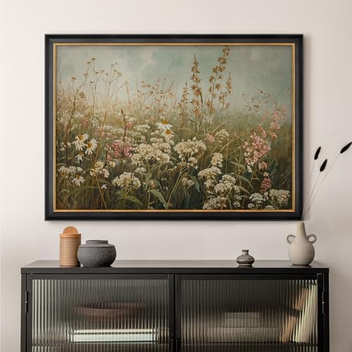 MUDECOR Premium Framed Wall Art Wildflower Meadow in Full Bloom Illustrations Impressionism Colorful for Living Room, Bedroom, Office - 26"x36" Black - color: A07-2308-b42, size: 36"L x 26"W, style: Black Frame