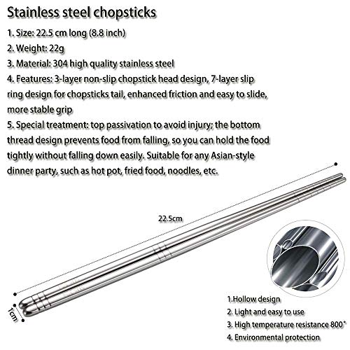 5 Pairs 304 Stainless Steel Chopsticks, 8.9 Inch, Silver