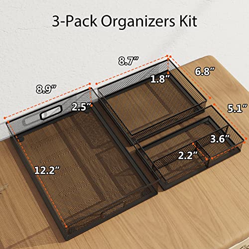 Desk Drawer Organizer Set, 3 Pcs Metal Mesh Office Drawer Organizers, Paper Organizer Letter Tray for Desk, Junk Drawer Organizer for Office, Kitchen, Makeup, Vanity - color: 3PC-Black-Kit