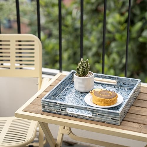 PEMAR Mother of Pearl Square Tray 12x12, Smoky Blue Herringbone Tray - color: Midnight Blue Herringbone