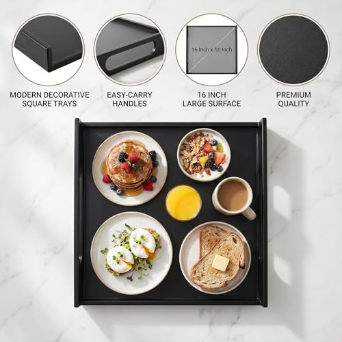 MyGift 16 Inch Matte Black Metal Large Serving Tray with Handles