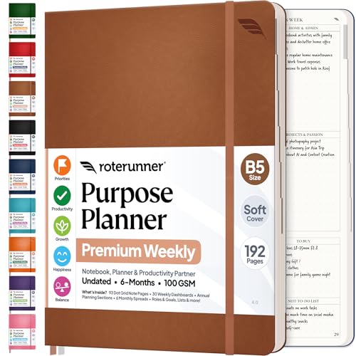 Roterunner Purpose Planner Notebook B5 7.5”x9.8” Undated 2026 Daily Weekly and Monthly Productivity Goal Setting Tool for Work Home ADHD Planner for Adults Self Care Journal - color: Tan, style: B5 Softcover