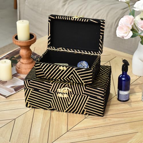 Velvet Decorative Boxes Storage Accessory Organizer Set of 2, Black - color: Black&Gold