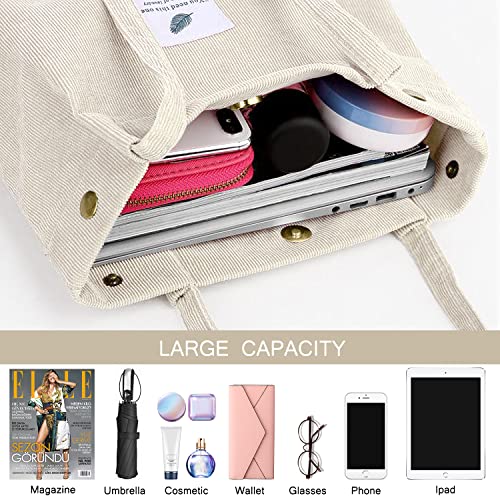 Ayieyill Corduroy Tote Bag for Women Canvas Shoulder Cord Purse with Inner Pocket - color: Beige