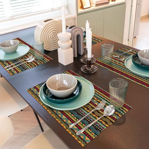 Geometric Ethnic Placemats Rectangle Linen Table Placemet Set of 4 - color: Red Yellow, size: Set of 4