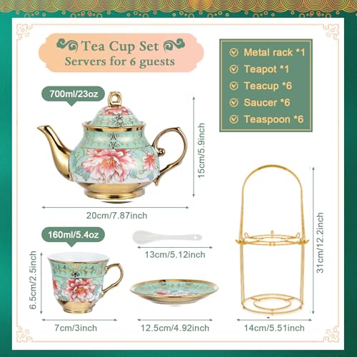20Pcs Porcelain Tea Set with Metal Stand,European Vintage Tea Set for Adult - color: Green
