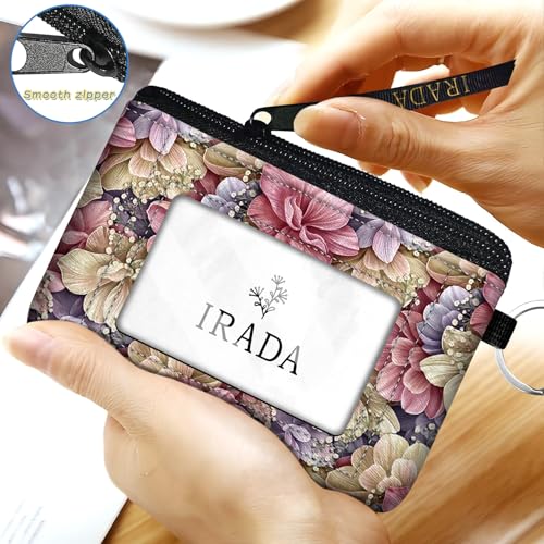 IRADA ID Case Wallet Keychain with Clear ID Window Zipper Cute Coin Purse for Women Water Resistant Small Coin Pouch-Luxury Romantic Delicate Flowers Keychain Wallet - color: Luxury Romantic Delicate Flowers-Keychain Wallet