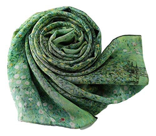 JWSilk Long Charmeuse Silk Scarf Classic Art Print - color: Green
