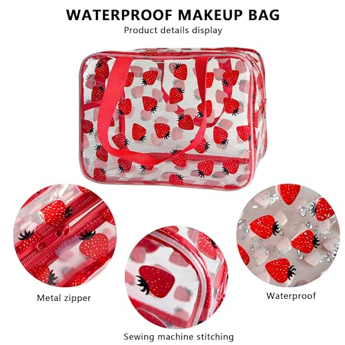 Flower Makeup Bag - Clear Printable Vinyl Cosmetic Pouch, Waterproof Small Clear Gift Bags for Travel & Organizer (Strawberry) - color: Strawberry