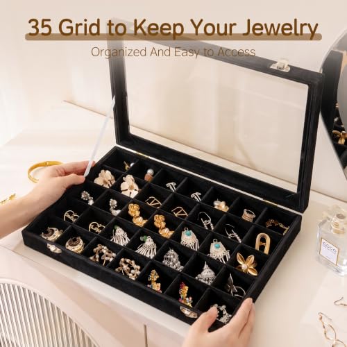 Frebeauty 35 Grid Earring Organizer,Velvet Jewelry Tray with Clear Lid - color: Black, size: 35 Grid