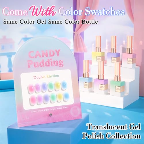 Double Rhythm 6 Pcs 15 ML Gel Polish Set Same Color Same Bottle Soak Off Gel Polish Kit Nail Art Manicure Salon DIY at Home for Women (Jelly Pink Purple Green Yellow Blue-T6-22) - color: Candy Pudding