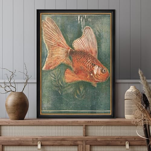 MUDECOR Premium Framed Wall Art Vintage Goldfish Illustration on Teal Background Illustrations Impressionism Scenic Colorful for Living Room, Bedroom, Office - 26"x36" Black - color: A07-2308-na36, size: 36"L x 26"W, style: Black Frame