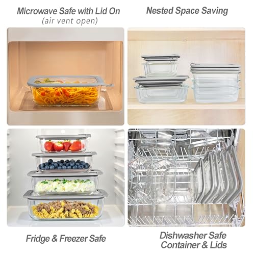 Glass Food Containers with Glass Lid, Microwave Safe Food Storage Container Set, 2 Pack of 50oz, Large Size Airtight Storage Set with Leak Proof Lids, Meal Prep Containers - color: Grey-J2RS