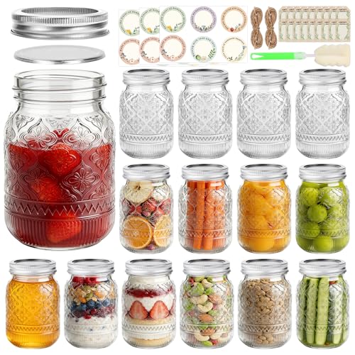 16oz Embossed Mason Jars 15-Pack with Airtight Lids and Bands - color: Clear03-16oz