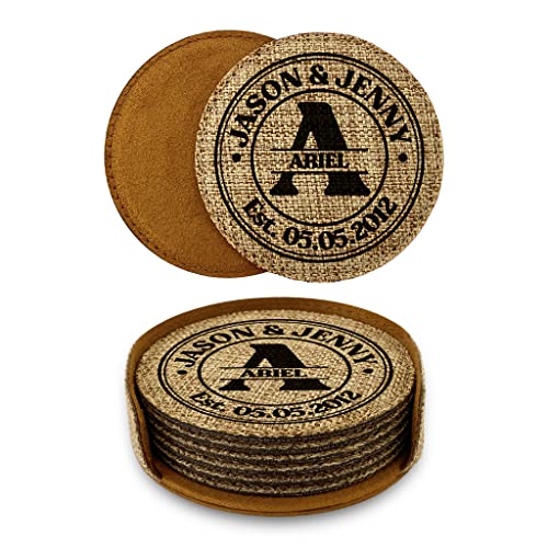 Smile Art Design Family Monogram CUSTOM COASTER Set of 6 with base Round Burlap Material Family Name Personalized Prints Personalized Gifts Housewarming Wedding Gift Rustic Home Decor Style2 - color: Style 02, size: Set of 6 - Round Coaster