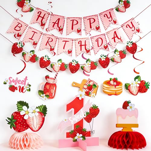 Paper Jazz Strawberry Birthday Party Decoration, Strawberry Decoration with Happy Birthday Banner and Berry Swirls, Strawberry Theme Party Supplie For First Birthday Girl Table Backdrop - color: Pink And Red