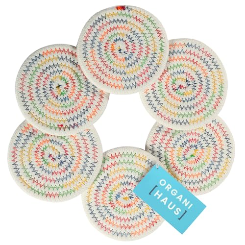 OrganiHaus Rainbow Drink Coasters Set of 6, Absorbent Cotton Woven Cup Coasters, Rustic Farmhouse Boho Decor for Coffee Table and Drinks Protection, Cute Coaster for Drinks, Coaster for Office Desk - color: Rainbow
