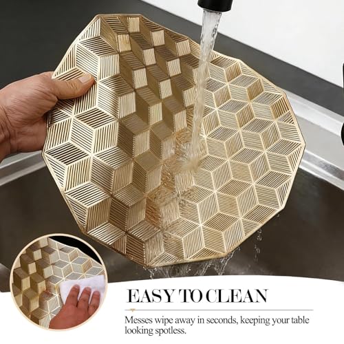 Quantum Love Round Placemats Gold Cube Metallic Set of 6 Vinyl Hollow Placemats 15 Inch, Wipeable Non Slip Stain Washable Easy Clean Heat Resistant Dining Table Place Mats for Wedding Party Decoration - color: Gold Cube