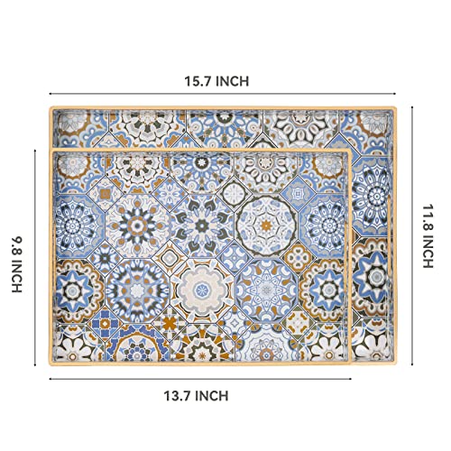 AGIOTA 2 Pcs Serving Tray with Handles Bohemian Decorative Tray Large Ottoman Trays for Living Room Blue Coffee Table Trays for Breakfast - color: Bohemian Blue 2pcs