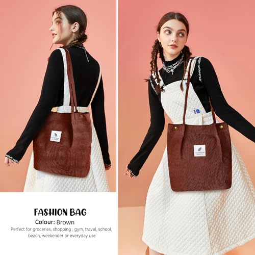 Ayieyill Corduroy Tote Bag for Women Canvas Shoulder Cord Purse with Inner Pocket - color: Brown