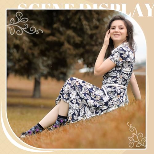 5/6 Pair Crew Socks for Women Floral Socks - color: White, Light Blue, Black, Yellow and Purple