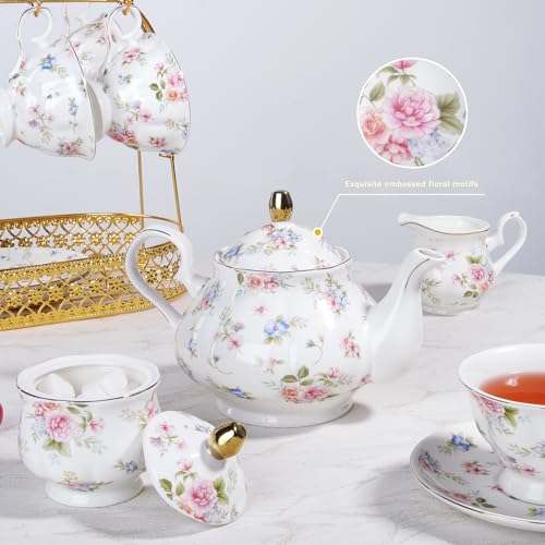 fanquare 21 Piece Vintage Pink Blue Floral Porcelain Tea Set with Gold Trim