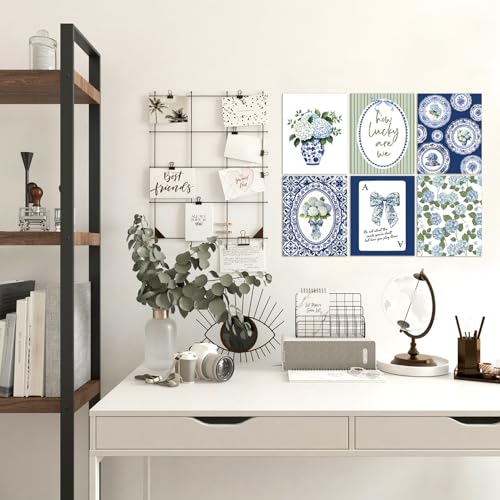LUKIPOM Blue Chinoiserie Hydrangea Wall Art Poster,Coquette Blue and White Floral Grandmillennial Canvas Wall Decor Gifts for Women Teen Girls Home Bedroom Living Room，8x12in Set of 6 - color: Color 018