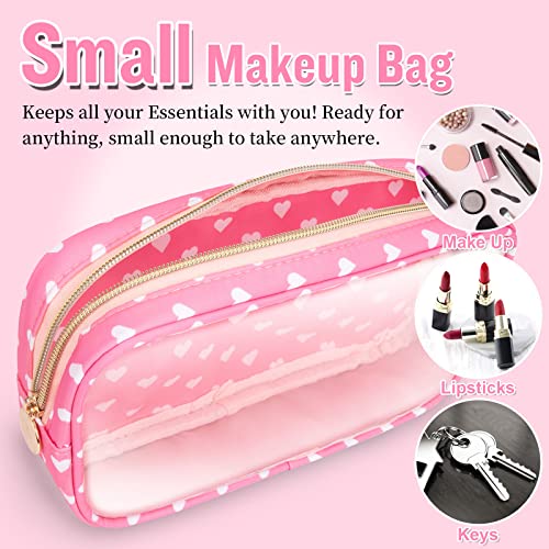 Small Clear Travel Makeup Organizer Bag for Purse, Preppy Makeup Bag Cute Cosmetic Zipper Pouch Purse, Transparent PVC & Nylon Waterproof Makeup Brush Bag Toiletry Storage for Women Girls(Pink Heart) - color: Pink Heart-Clear, size: Small