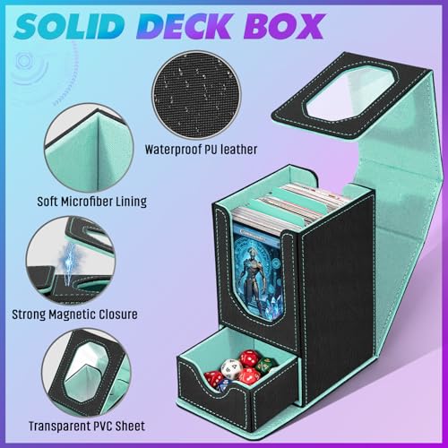 Card Deck Box for MTG Commander, Fits 100+ Double-Sleeved Cards Card Case - color: Black and Cyan