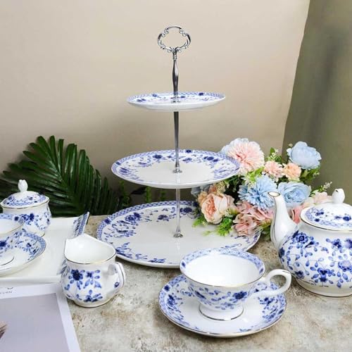 Bone China Tea Set for Adults, 13-Piece Blue and White Porcelain Tea Set for 4, Vintage Floral Tea Set With Teapot and Teaspoons, Tea Party Sets for Women Gift (Blue A) - color: Blue A