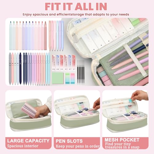 50 PCS Aesthetic School Supplies with Cute Pen Case,12 Pastel Highlighters,5 Black Ink Gel Pens, 12 Mechanical Pencils Set 0.5 & 0.7 mm 6 Color Gel Pens for Students Stationary College Essentials - color: Green