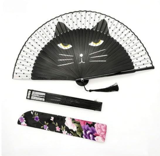Folding Hand Fan for Women - Foldable Chinese Japanese Vintage Bamboo Silk Fan - with Tassel and Pouch, Perfect for Decoration, Dance, Wedding,Music Festival，Party,Gifting（Black Cat） - color: Black Cat