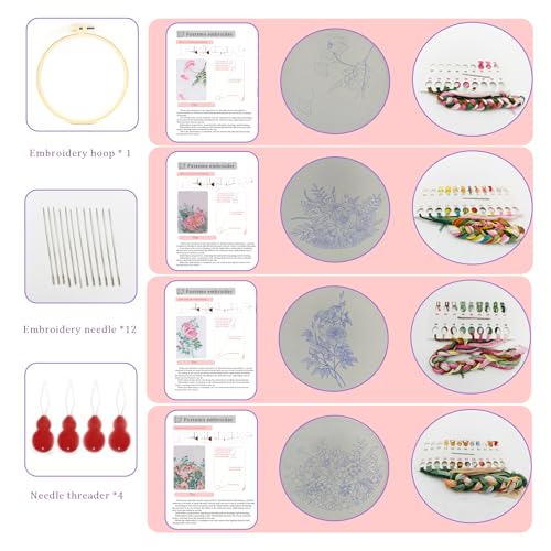 FOXTEMO 4 Sets Embroidery kit for Beginners Adults, 1 Pack 20CM Embroidery Hoops, Adults Starter Cross Stitch Kit DIY Needlepoint Kits