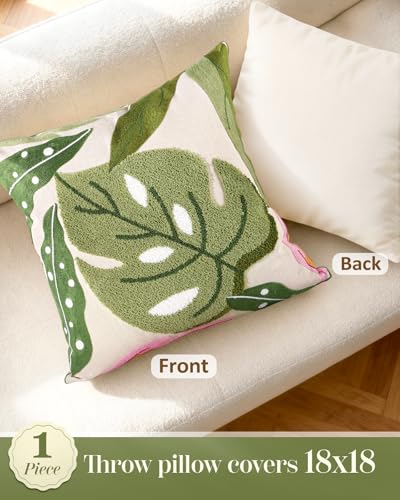Embroidered Throw Pillow Cover, 18x18 Inch, Monstera Leaves - color: Monstera-leaves, size: 18" x 18" (Pack of 1)