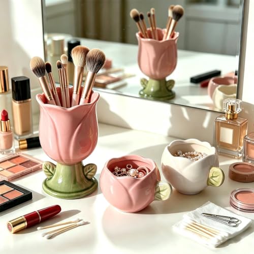 2 Pack Tulip Ceramic Paper Clip Holder, Flower Office Desk Decor - color: Tulip Pink+White