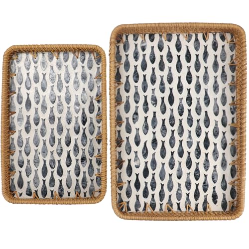 2 Pcs Rattan Mother of Pearl Serving Tray, Wicker Woven Coffee Table Tray - color: Black Fish