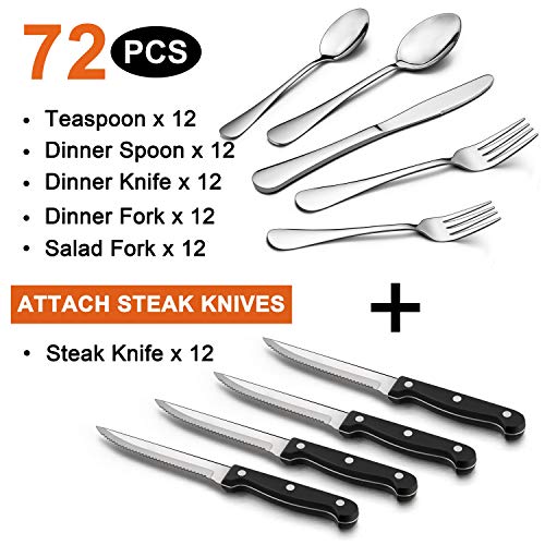 LIANYU 72Pcs Silverware Set with Steak Knives, Flatware Cutlery Set for 12 - color: Silver