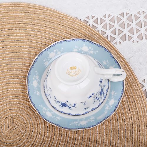 fanquare Blue Rose Porcelain Tea Cup and Saucer Set for 6 - color: Blue Rose tea cup set