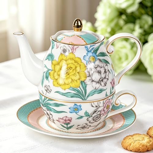 KAMMAK Tea for One Set, Ceramic Teapot, Bone China Tea Set, Cup and Saucer - color: Green-GH6