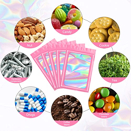 Funfery 100pcs Pink Mylar Holographic Bags-Resealable Zipper&Clear Window - color: Pink, size: 3.1 x 5.1 Inch