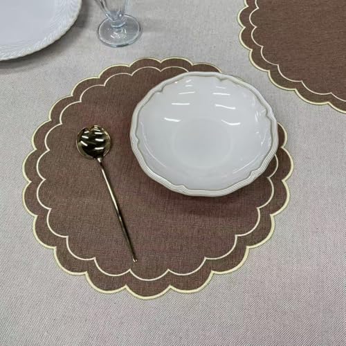 Linen Cotton Placemats Set of 4 Scalloped Flower Embroidery Place Mats 15'' Natural Linen Texture Fabric Machine Washable Table Mats for Restaurant Kitchen,Table Decor(Brown) - color: Brown