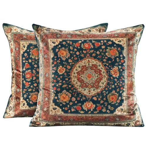 Vintage Floral Soft Velvet Throw Pillow Covers 18x18 in Boho - color: Dark Blue, size: 18" x 18" (Pack of 2)