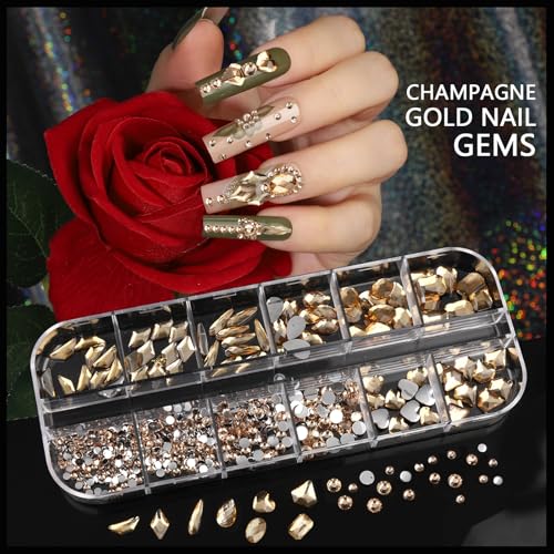 Teentior Nail Charms Gold Rhinestones for Nails with 15 Sheets Gold Nail Stickers, 6 Boxes Nail Gems Pearls for Nails, Cross Nail Charms for Nails Design Nail Art Rhinestones, Caviar Beads for Nails - color: Gold