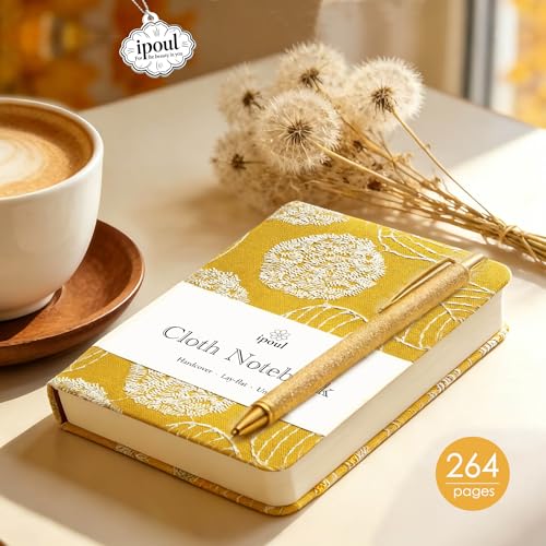 A6 Notebook, Pocket Journal, Embroidered Journal for Girl, Small Fabric Notebook, Lay Flat Hardcover Journal, 4x6 Lined Notebook & Sketchbook, Cute Diary, Writing Journal for Women, Yellow - color: A6-Leaf Yellow