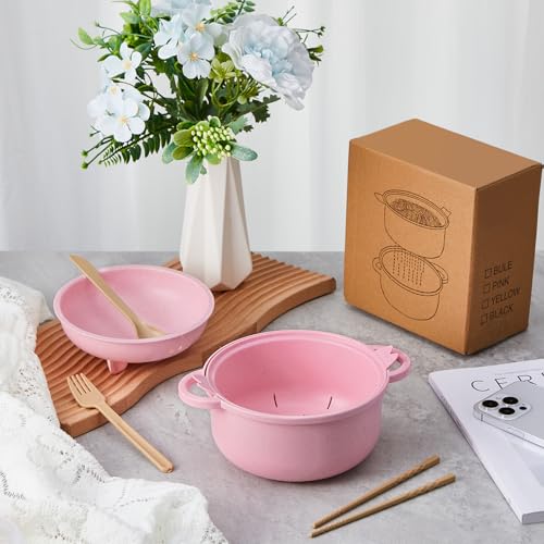 1 Set Large 45oz Cute Pig Ramen Bowl Set Microwavable Cooker, Pink - color: Pink
