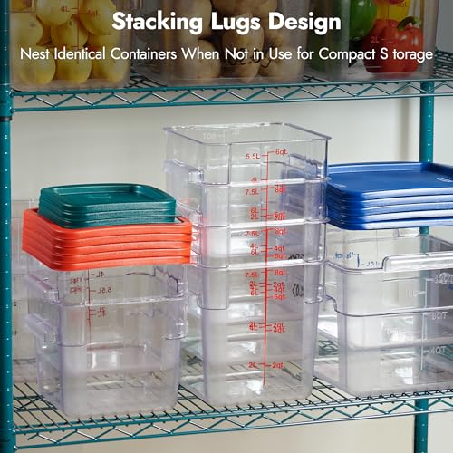 CURTA 4 Pack Food Storage Container with Red Lid - NSF Commercial Grade in 6.0 Qt - Square, Clear, Polycarbonate - color: 6.0 Qt 4-Pack(Red Lids)