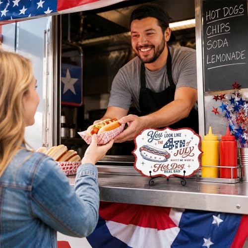 Wooden Buffet Sign with Metal Stand, Patriotic Hot Dog Station Decor for BBQ Party, Food Truck, Restaurant Counter, Independence Day 5 x 7 Inch Tabletop Display - A04 - color: DLR A04